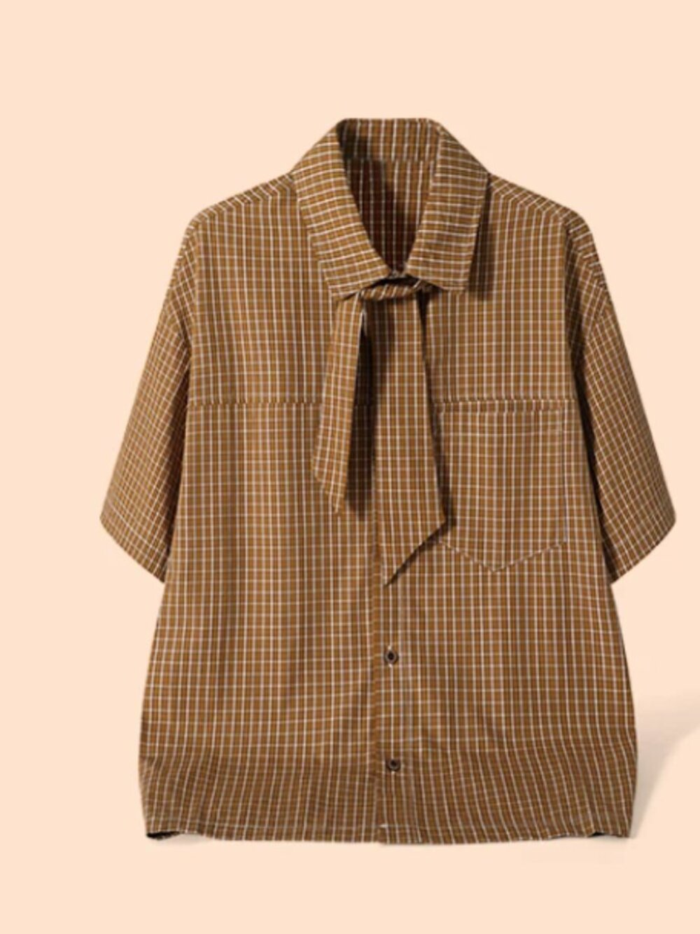 Brown Gingham Shirt with Tie Detail